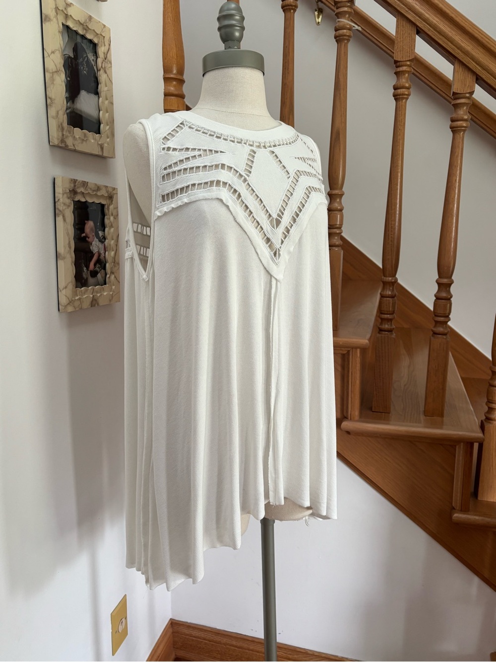 POL Sleeveless Tunic Shirt with Cutout Collar Details and Raw Hem